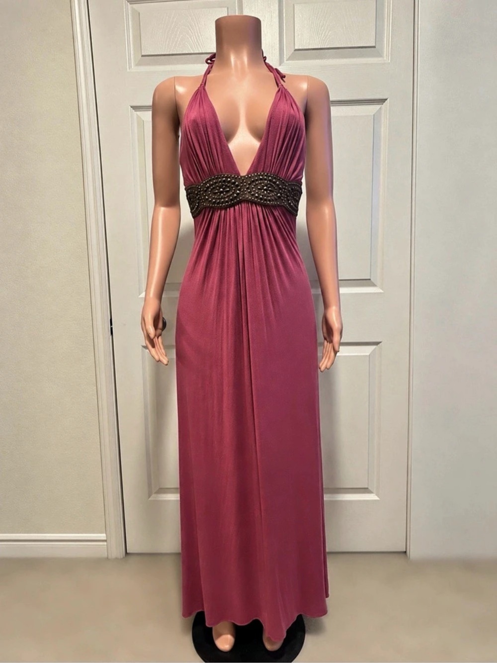 Sky Brand Halter Maxi Dress Mauve Rose Leather Trim Size M - Picture 5 of 9